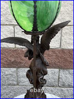 Antique Angel Oil Lamp Converted To Electric Withlarge Slag Glass Shade