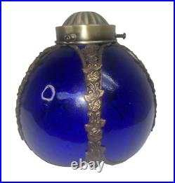 Antique Art Cobalt Blue Slag Glass Lamp Shade with Orated Brass Details 5
