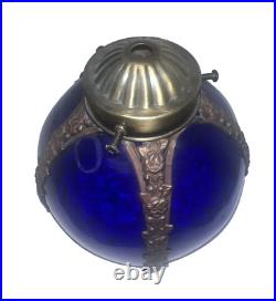 Antique Art Cobalt Blue Slag Glass Lamp Shade with Orated Brass Details 5