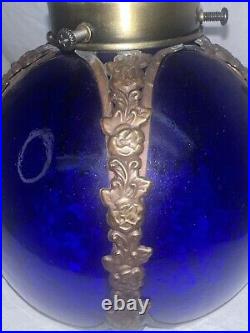 Antique Art Cobalt Blue Slag Glass Lamp Shade with Orated Brass Details 5