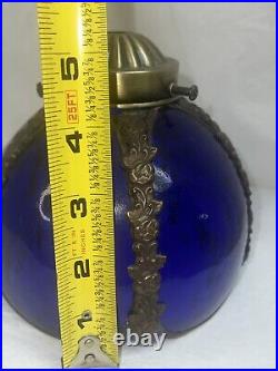 Antique Art Cobalt Blue Slag Glass Lamp Shade with Orated Brass Details 5