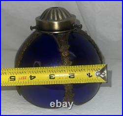 Antique Art Cobalt Blue Slag Glass Lamp Shade with Orated Brass Details 5
