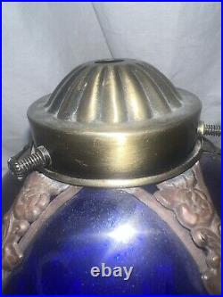 Antique Art Cobalt Blue Slag Glass Lamp Shade with Orated Brass Details 5