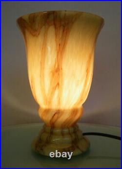 Antique Art Deco 1930 Vaseline Glass Table Lamp Marbled Slag Caramel & Brown
