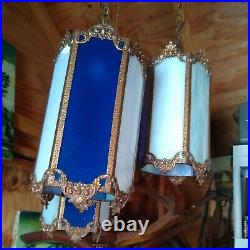 Antique Art Deco 3 Arm Brass Hanging Slag Glass Lamp! Blue, Lavender, White, Vtg Antique Art Deco 3 Arm Brass Hanging Slag Glass Lamp! Blue, Lavender, White, Vtg