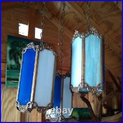 Antique Art Deco 3 Arm Brass Hanging Slag Glass Lamp! Blue, Lavender, White, Vtg Antique Art Deco 3 Arm Brass Hanging Slag Glass Lamp! Blue, Lavender, White, Vtg