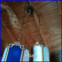 Antique Art Deco 3 Arm Brass Hanging Slag Glass Lamp! Blue, Lavender, White, Vtg Antique Art Deco 3 Arm Brass Hanging Slag Glass Lamp! Blue, Lavender, White, Vtg