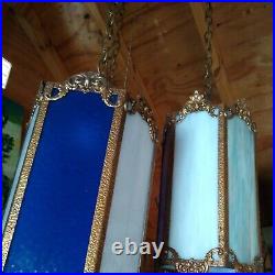 Antique Art Deco 3 Arm Brass Hanging Slag Glass Lamp! Blue, Lavender, White, Vtg Antique Art Deco 3 Arm Brass Hanging Slag Glass Lamp! Blue, Lavender, White, Vtg