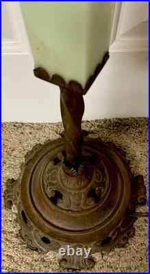 Antique Art Deco Akro Agate Jadeite Uranium Slag Glass Cast Floor Lamp Works EUC
