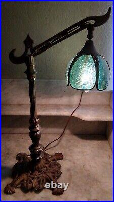 Antique Art Deco Ball Adjust Bridge Arm Lamp Iridescent Green Slag Glass Shade