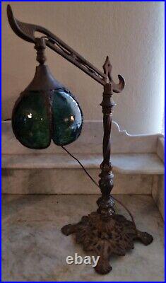 Antique Art Deco Ball Adjust Bridge Arm Lamp Iridescent Green Slag Glass Shade