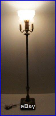 Antique Art Deco Brass Candelabra Floor Lamp Torchiere Light Milk & Slag Glass