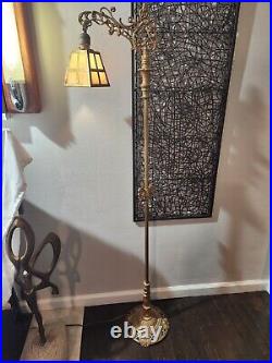 Antique Art Deco Bridge Arm Floor Lamp Cast Metal Slag Glass Brass Shade Ornate