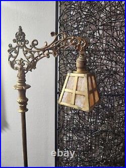 Antique Art Deco Bridge Arm Floor Lamp Cast Metal Slag Glass Brass Shade Ornate