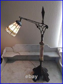 Antique Art Deco Bridge Arm Table Lamp Vintage Tiffany Style Stained Glass Shade