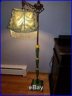 Antique Art Deco Bridge Floor Lamp Jadeite Slag Glass Ornate Cherub Decor 1930's