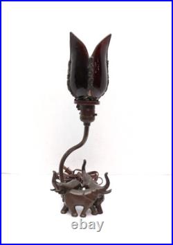 Antique Art Deco Elephant Figural Table Lamp Slag Glass Tulip Shade Light VTG