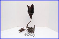 Antique Art Deco Elephant Figural Table Lamp Slag Glass Tulip Shade Light VTG
