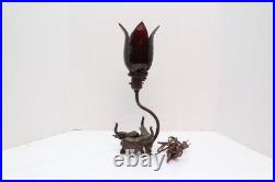 Antique Art Deco Elephant Figural Table Lamp Slag Glass Tulip Shade Light VTG