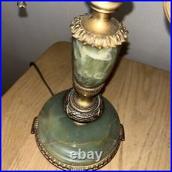 Antique Art Deco Green Jadeite Slag Glass Table Lamp Agate Marble Two Arm Light