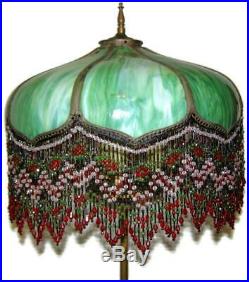 Antique Art Deco Jadeite Green Slag Glass Lamp Shade Lampshade with Beaded Fringe