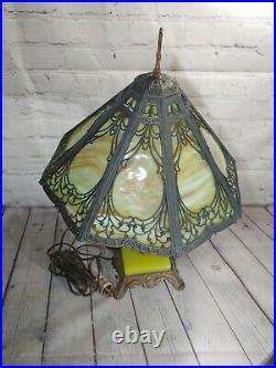 Antique Art Deco Jadeite Table Lamp w Slag Glass Shade-Original