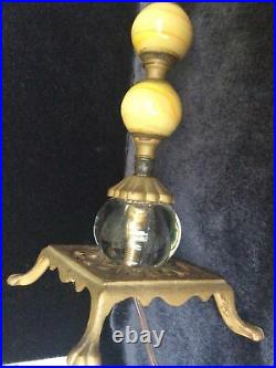 Antique Art Deco Lamp Cast Iron & Clear & Green Slag Glass