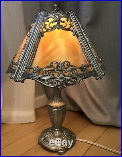Antique Art Deco Leviton Silver Tone Slag Glass Small Decorative Table Lamp