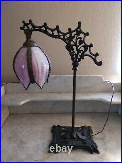 Antique Art Deco Mad Max? Bridge Arm Table Lamp Mauve Slag Glass Tulip Shade