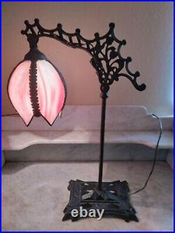 Antique Art Deco Mad Max? Bridge Arm Table Lamp Mauve Slag Glass Tulip Shade