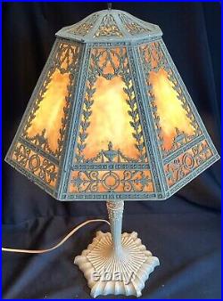 Antique Art Deco Neoclassic Stained Slag Glass Overlay Lamp Bradley & Hubbard