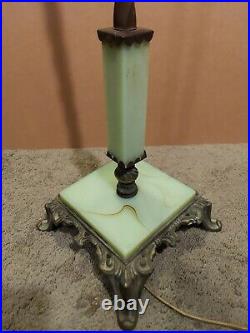 Antique Art Deco Vaseline Slag Glass Brass Floor Arm Lamp