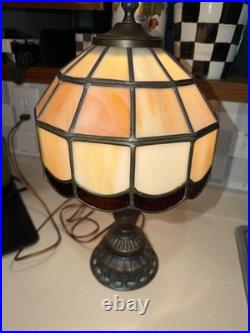 Antique Art Nouveau 16 Panel 18 Ruby Red MARBLED Slag Glass Table Lamp Caramel