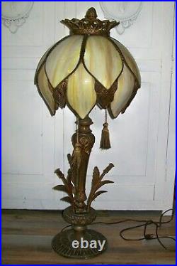 Antique Art Nouveau 32 Tall Lamp with Slag Glass 14 Panel Shade ORNATE Metal