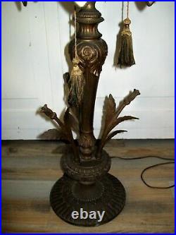 Antique Art Nouveau 32 Tall Lamp with Slag Glass 14 Panel Shade ORNATE Metal