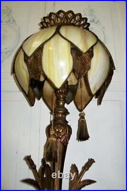 Antique Art Nouveau 32 Tall Lamp with Slag Glass 14 Panel Shade ORNATE Metal