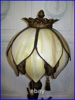 Antique Art Nouveau 32 Tall Lamp with Slag Glass 14 Panel Shade ORNATE Metal