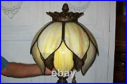 Antique Art Nouveau 32 Tall Lamp with Slag Glass 14 Panel Shade ORNATE Metal