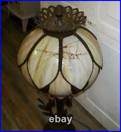 Antique Art Nouveau 32 Tall Lamp with Slag Glass 14 Panel Shade ORNATE Metal