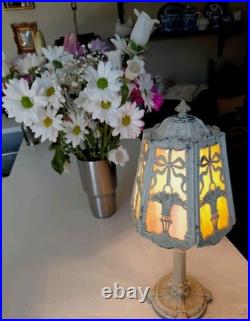 Antique Art Nouveau 6-Panel Slag Glass Cast Iron Table Lamp 15 Original Paint