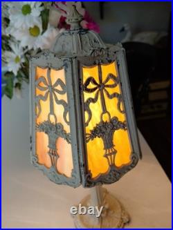 Antique Art Nouveau 6-Panel Slag Glass Cast Iron Table Lamp 15 Original Paint