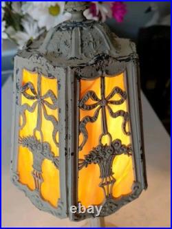 Antique Art Nouveau 6-Panel Slag Glass Cast Iron Table Lamp 15 Original Paint