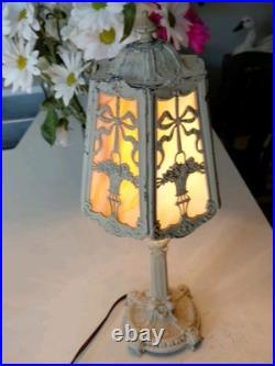Antique Art Nouveau 6-Panel Slag Glass Cast Iron Table Lamp 15 Original Paint Antique Art Nouveau 6-Panel Slag Glass Cast Iron Table Lamp 15 Original Paint