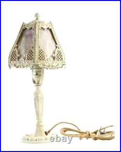 Antique Art Nouveau 6-Panel Slag Glass Cast Metal Table Lamp