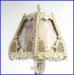 Antique Art Nouveau 6-Panel Slag Glass Cast Metal Table Lamp