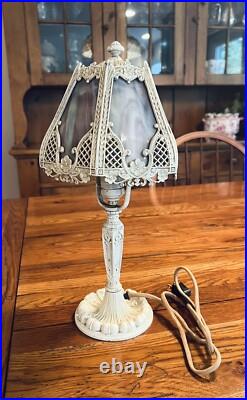 Antique Art Nouveau 6-Panel Slag Glass Cast Metal Table Lamp