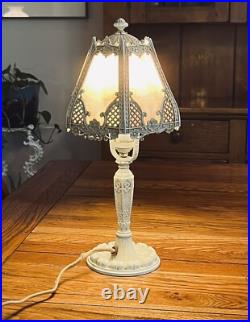 Antique Art Nouveau 6-Panel Slag Glass Cast Metal Table Lamp