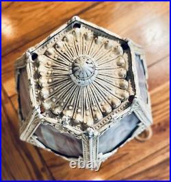 Antique Art Nouveau 6-Panel Slag Glass Cast Metal Table Lamp