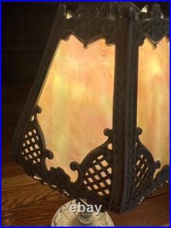 Antique Art Nouveau 6-Panel Slag Glass Cast Metal Table Lamp