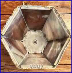Antique Art Nouveau 6-Panel Slag Glass Cast Metal Table Lamp